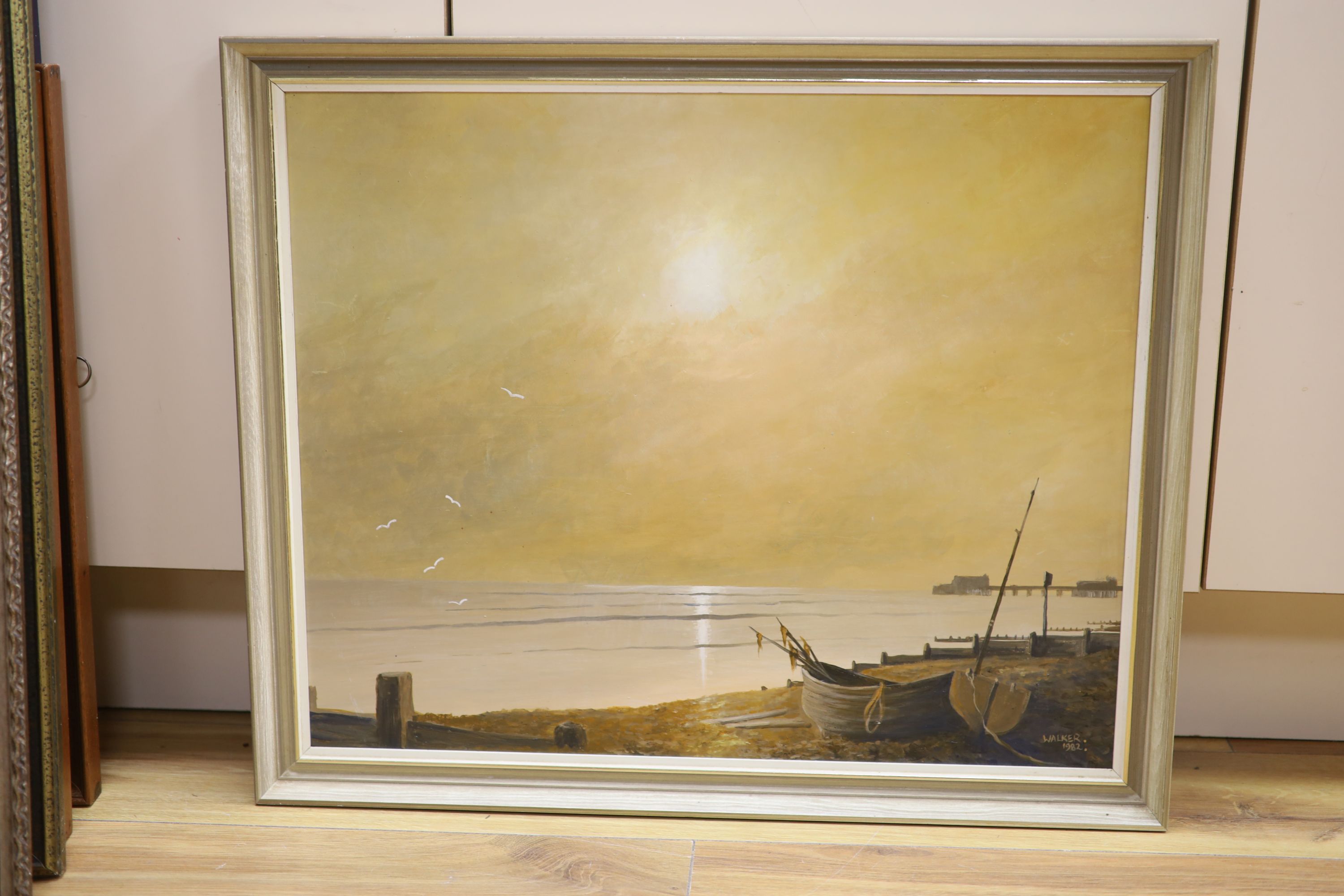 Walker 1982, oil on board, Beach scene with pier, signed and dated, 44 x 54cm